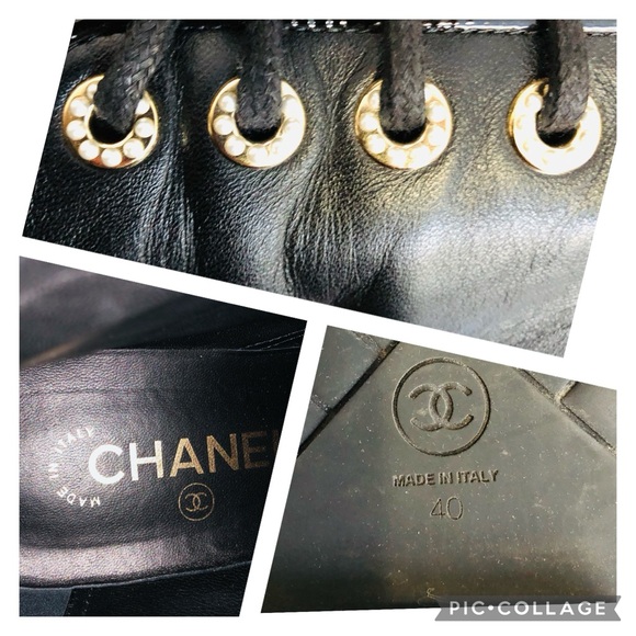 Chanel 20C Patent Cap toe Lace up Pearl details Lambskin black bootie EU 40 - Picture 5 of 16